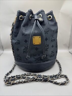 MCM Germany Vintage Black Leather Chain-Trim Drawstring Small Bucket Bag